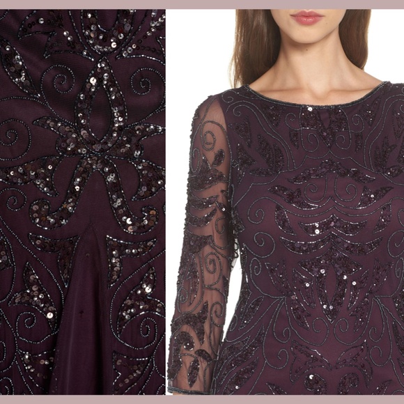 NEW Pisarro Nights Embellished Mesh Gown Eggplant‎ - Picture 3 of 12